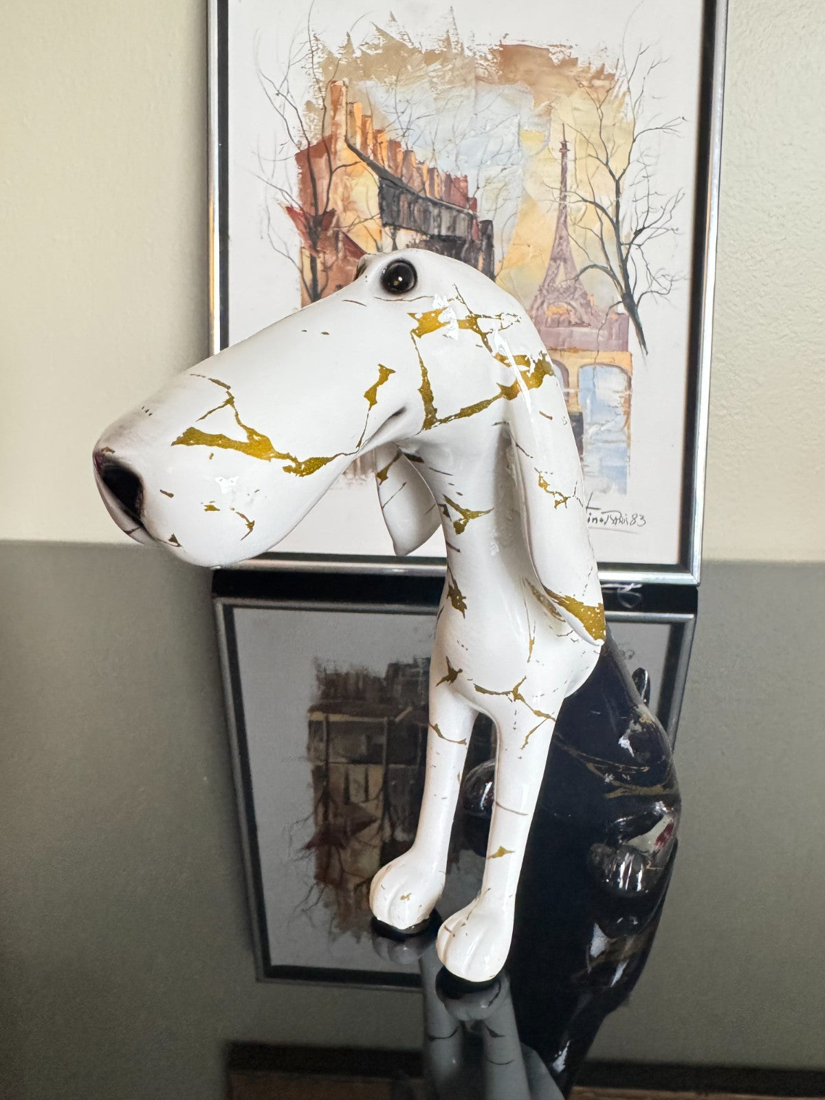 Stylized Resin Dog Figurine – White & Black with Gold Marble Accents 8.5Tall