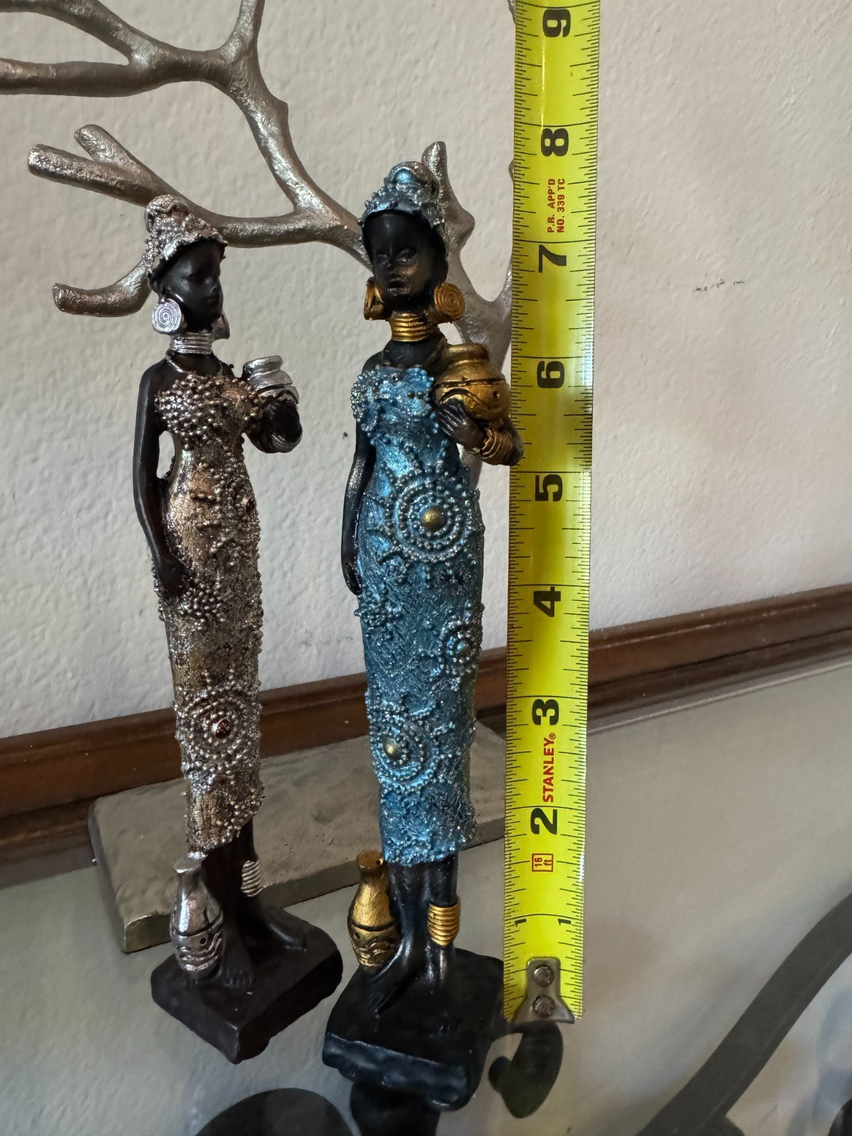 African Tribal Woman Figurines Pair  – Handcrafted Resin Statues, 8” Tall, Decor