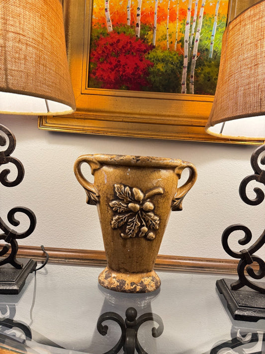 Vintage Ceramic Vase with Handles - Crackle Glaze, Oak Leaf & Acorn Relief,