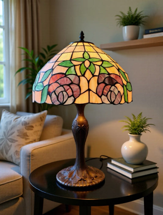 Tiffany-Style Stained Glass Table Lamp with Floral Shade & Bronze-Tone Base – 20