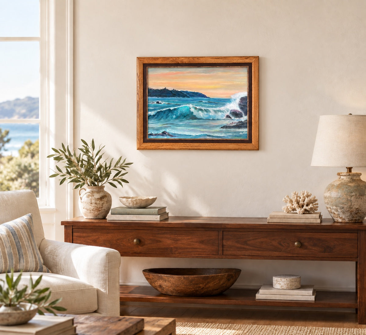🌊 Signed Seascape Painting on Canvas – Ocean Waves & Sunset, Wood Frame