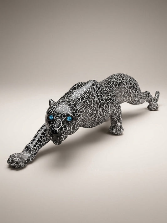 🐆 Black Panther Sculpture – Crackle Finish with Blue Eyes – Brand New
