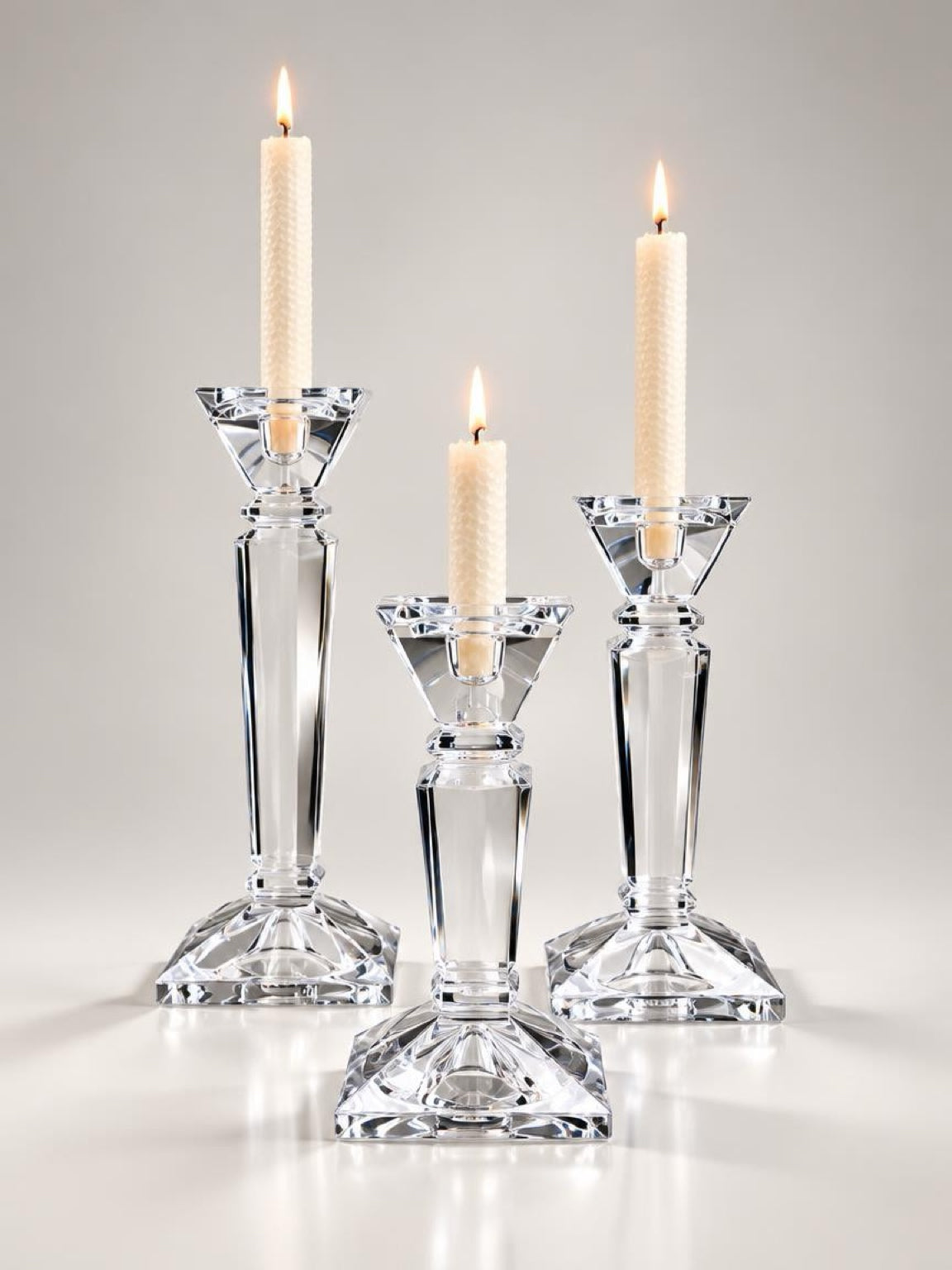 Shannon Crystal by Godinger set of 3 clear crystal candle holders, 12, 10 and 8 inches tall