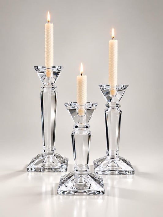Shannon Crystal by Godinger set of 3 clear crystal candle holders, 12, 10 and 8 inches tall