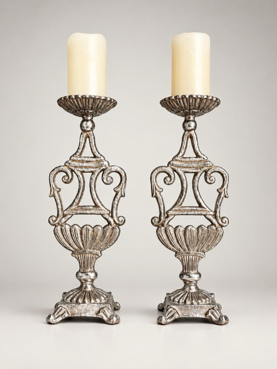 Set of 2 Vintage Ornate Metal Pillar Candle Holders – Antiqued Silver Scroll Urn Candlesticks, Footed Base, 15" Tall