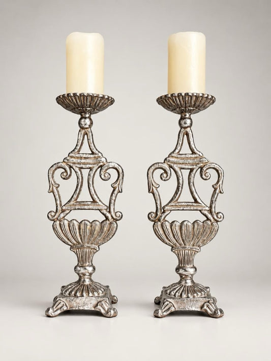 Set of 2 Vintage Ornate Metal Pillar Candle Holders – Antiqued Silver Scroll Urn Candlesticks, Footed Base, 15" Tall