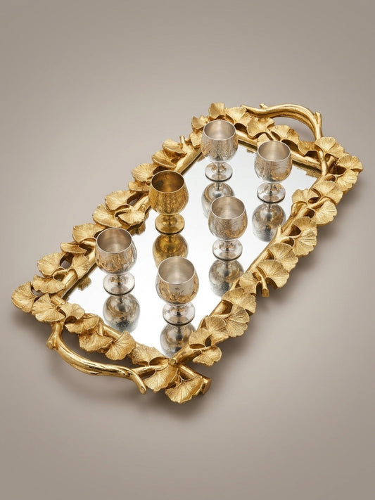 Vintage Style Resin Ginkgo Leaf Serving Tray  Holder Gold Bar Decor 18"x9"