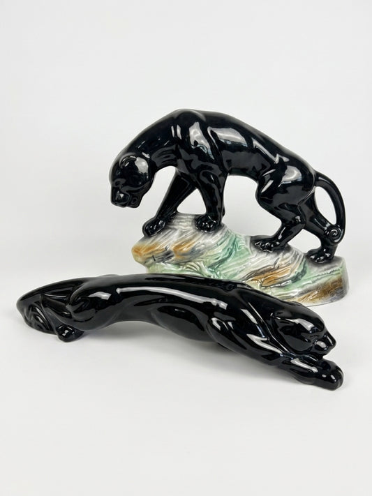 Vintage Art Deco Black Panther Ceramic Lamp & Matching Panther Figurine – Glossy Black Leopard Decor