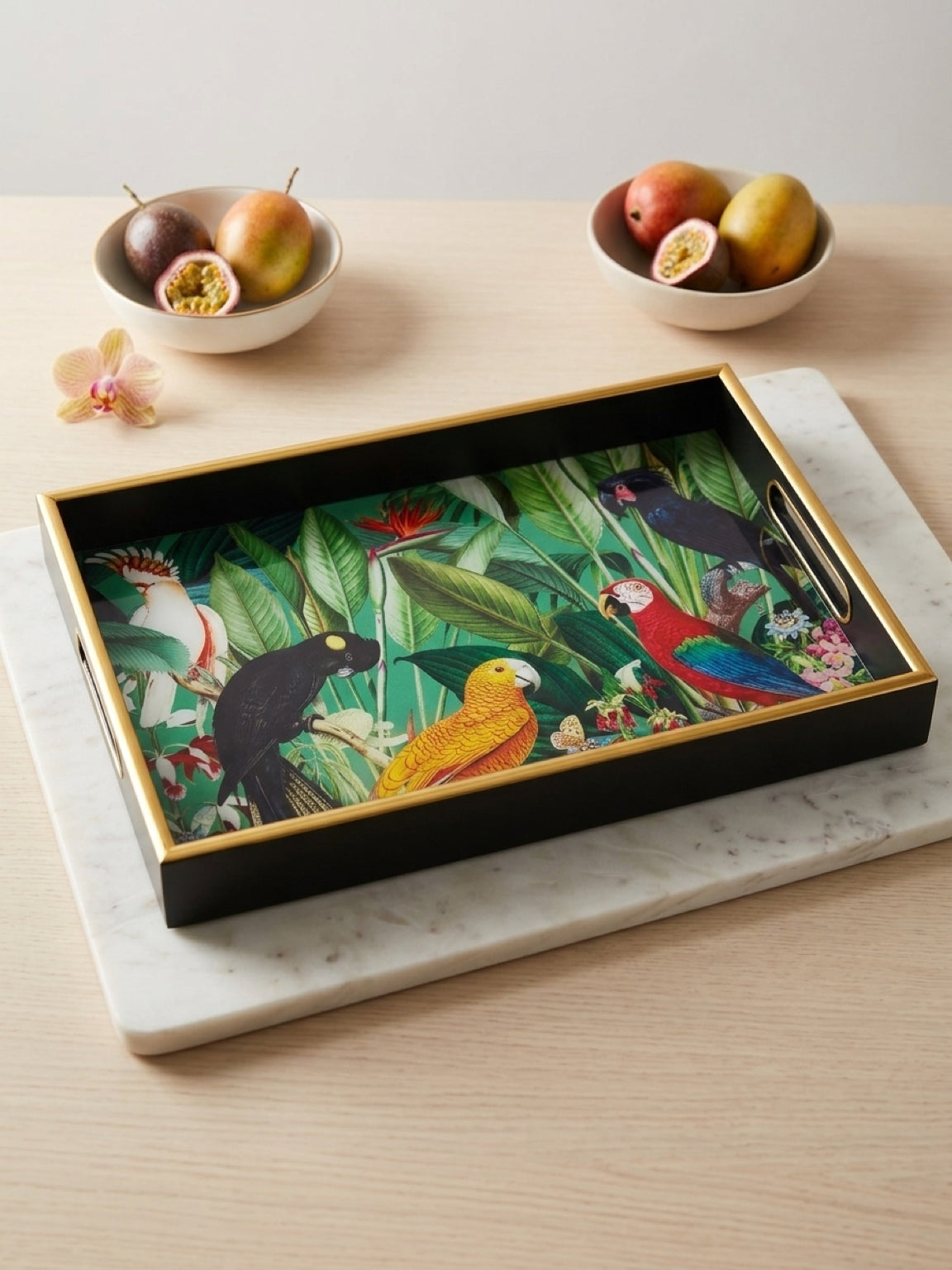 Tropical Parrot Bird Decorative Serving Tray Gold Black 15” x 10”