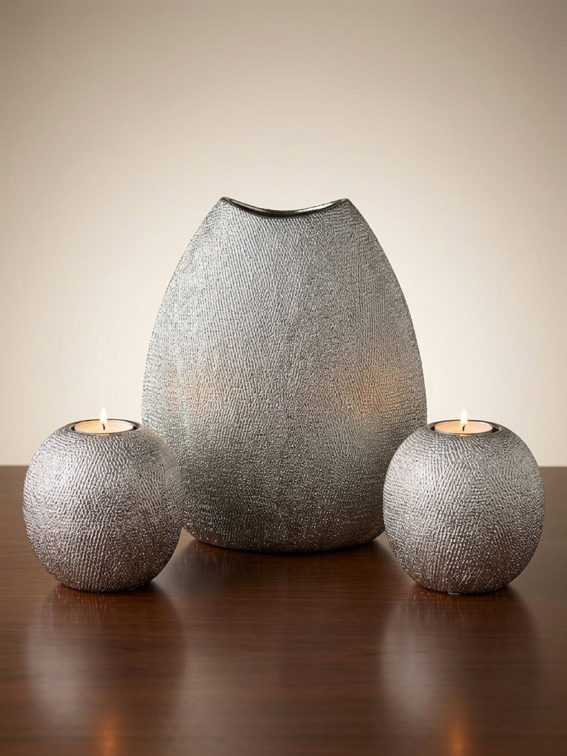 Silver Textured Vase & Candle Holder Set of 3 – Modern Decorative Accent Set