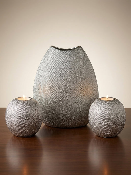 Silver Textured Vase & Candle Holder Set of 3 – Modern Decorative Accent Set