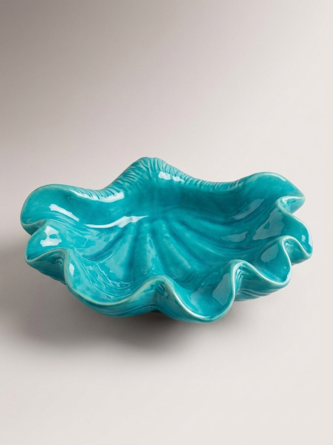 Large Turquoise Ceramic Shell Bowl – Sculptural Coastal Centerpiece 16"x14"