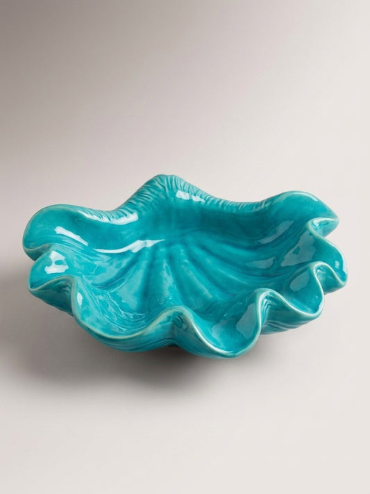 Large Turquoise Ceramic Shell Bowl – Sculptural Coastal Centerpiece 16"x14"