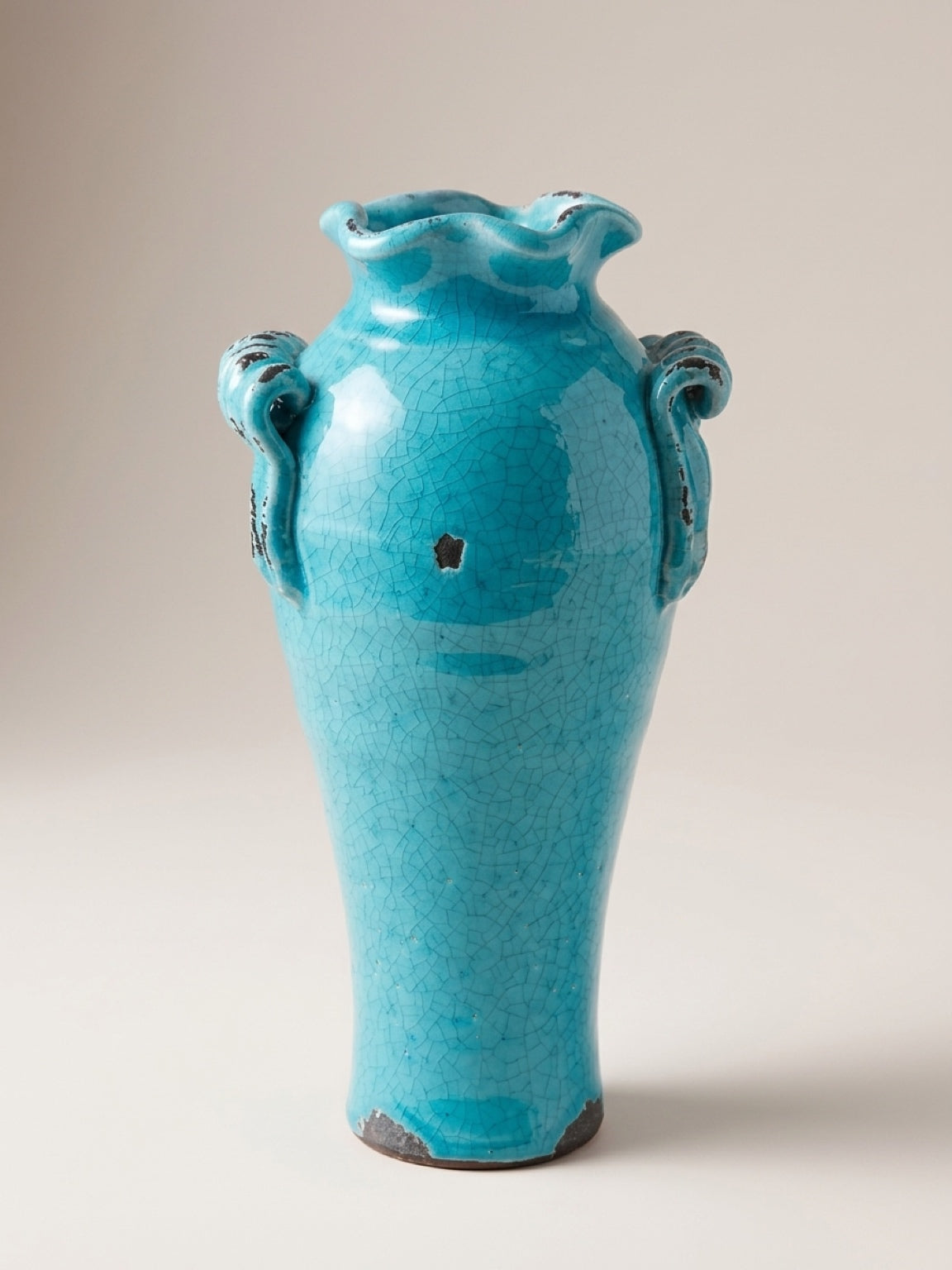 Turquoise Crackle Glaze Heavy Metal Vase with Scroll Handles – 14”