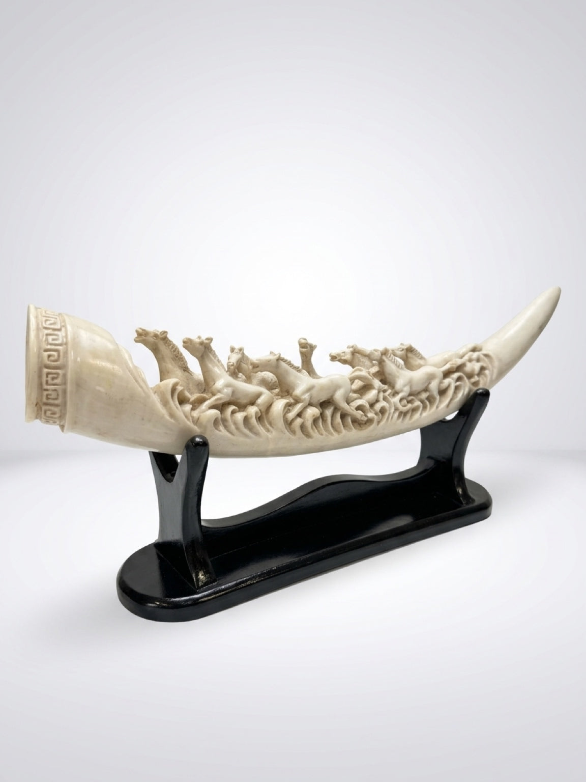 Decorative Resin Elephant Tusk Sculpture with Running Horses on Wooden Stand