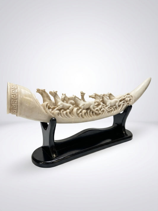 Decorative Resin Elephant Tusk Sculpture with Running Horses on Wooden Stand