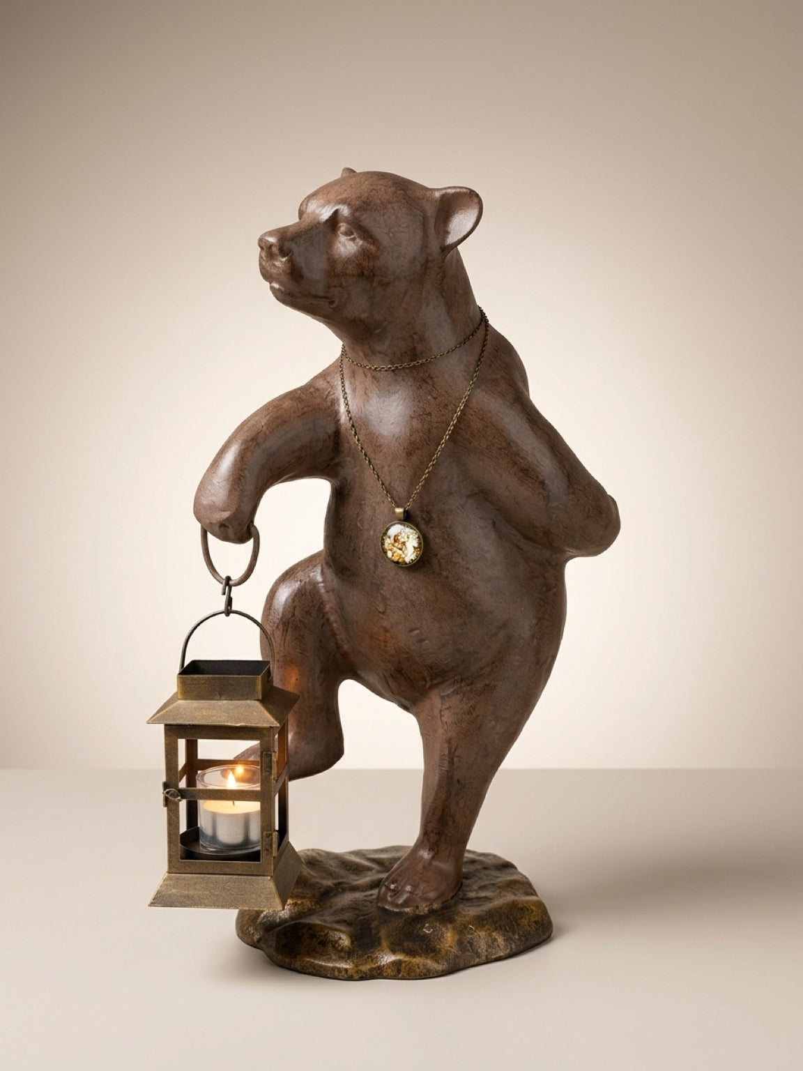 Large Cast Metal Bear Sculpture with Lantern – Rustic Decorative Figurine Tall 17.5"