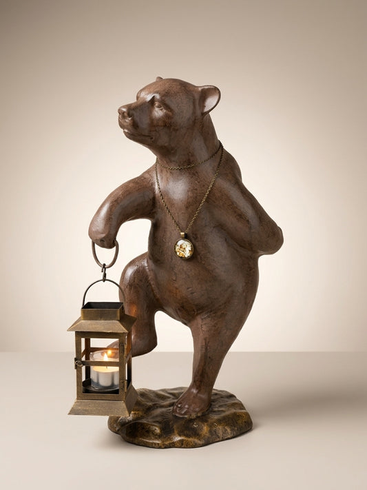 Large Cast Metal Bear Sculpture with Lantern – Rustic Decorative Figurine Tall 17.5"