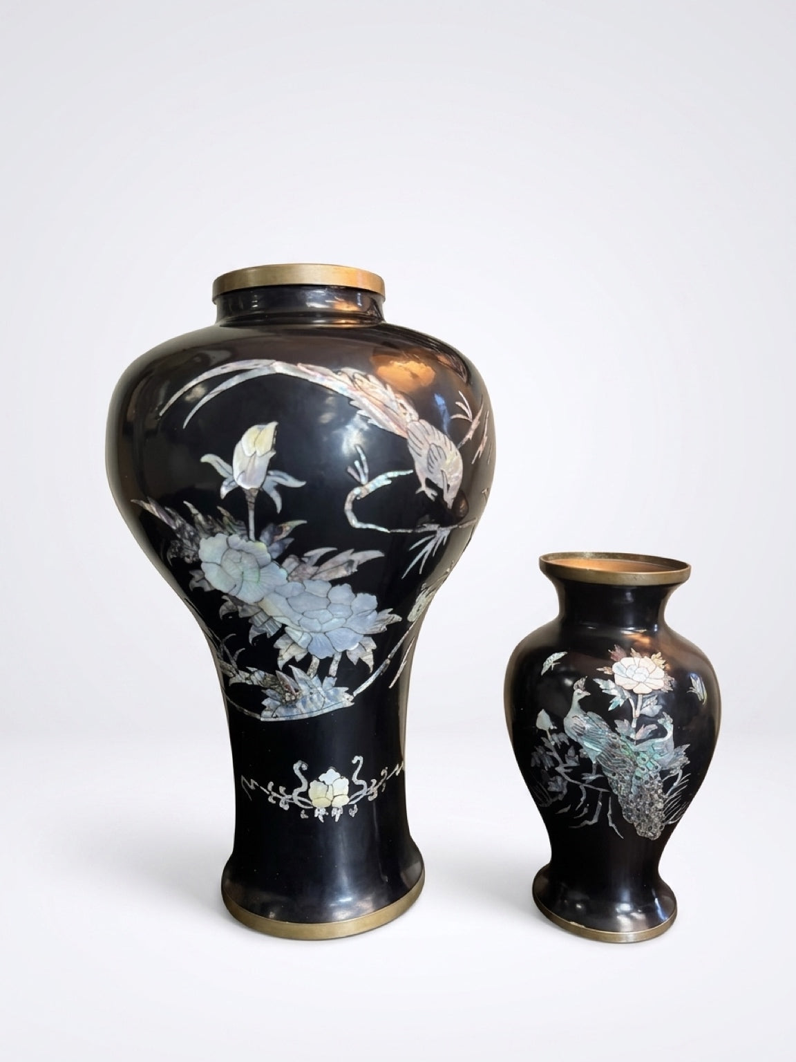 Vintage Korean Mother of Pearl Inlay Brass Vases – Set of 2 | Black Enamel | Peacock & Crane