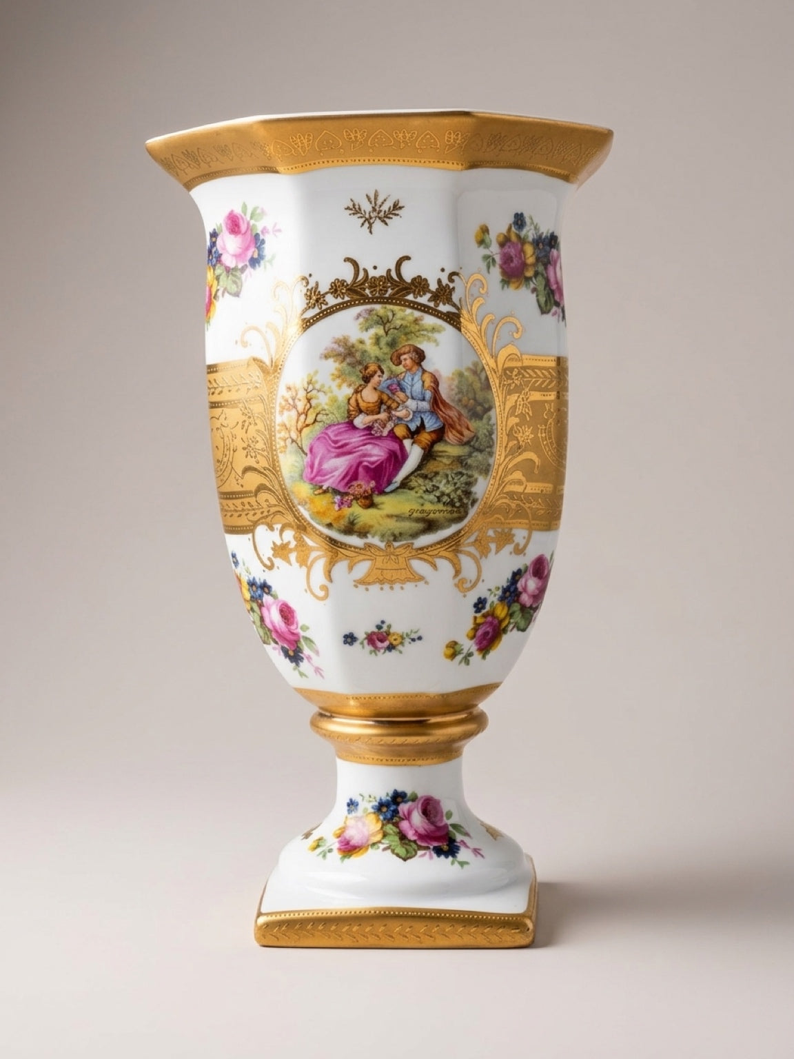 Vintage Fragonard Romeo & Juliet Gold Gilt Porcelain Vase Urn Set of Two