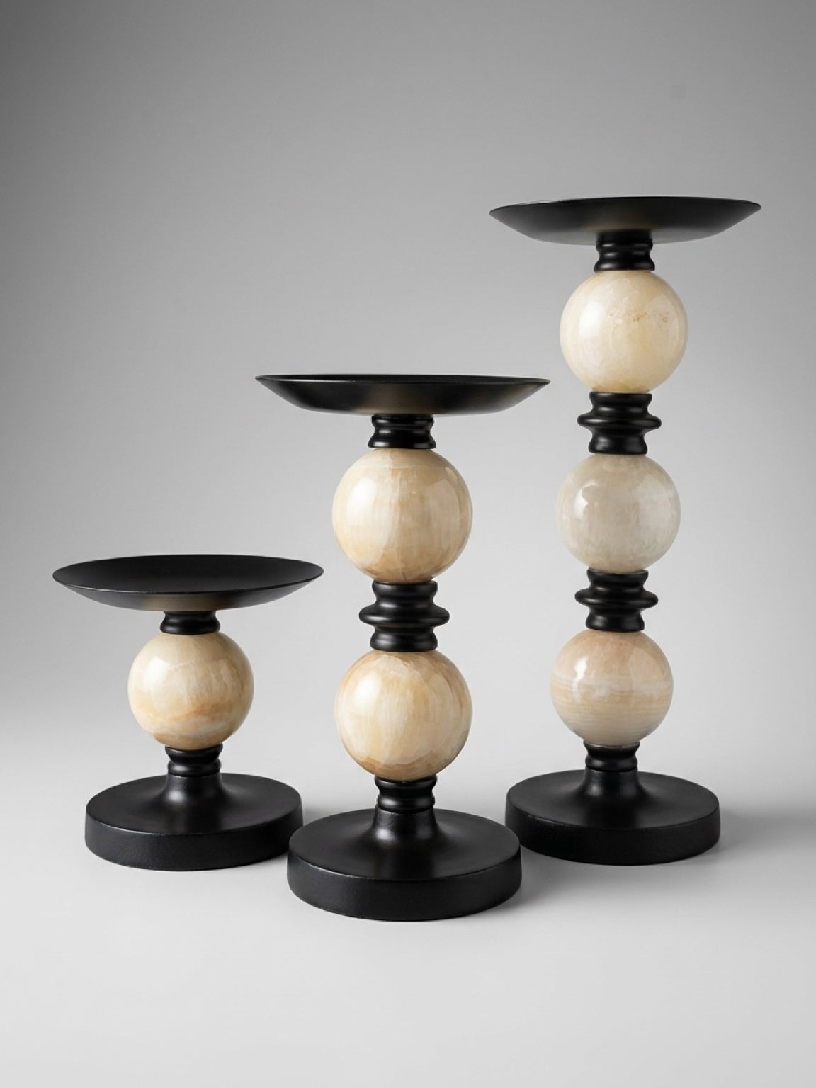 Set of 3 Vintage  Genuine Marble & Black Metal Pillar Candle Holders