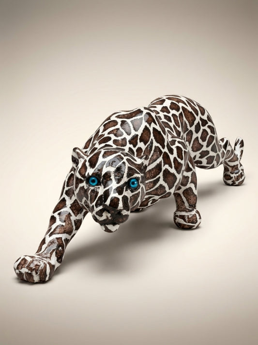 🐆 Black & White Resin Leopard Figurine with Blue Eyes – 16” Sculpture