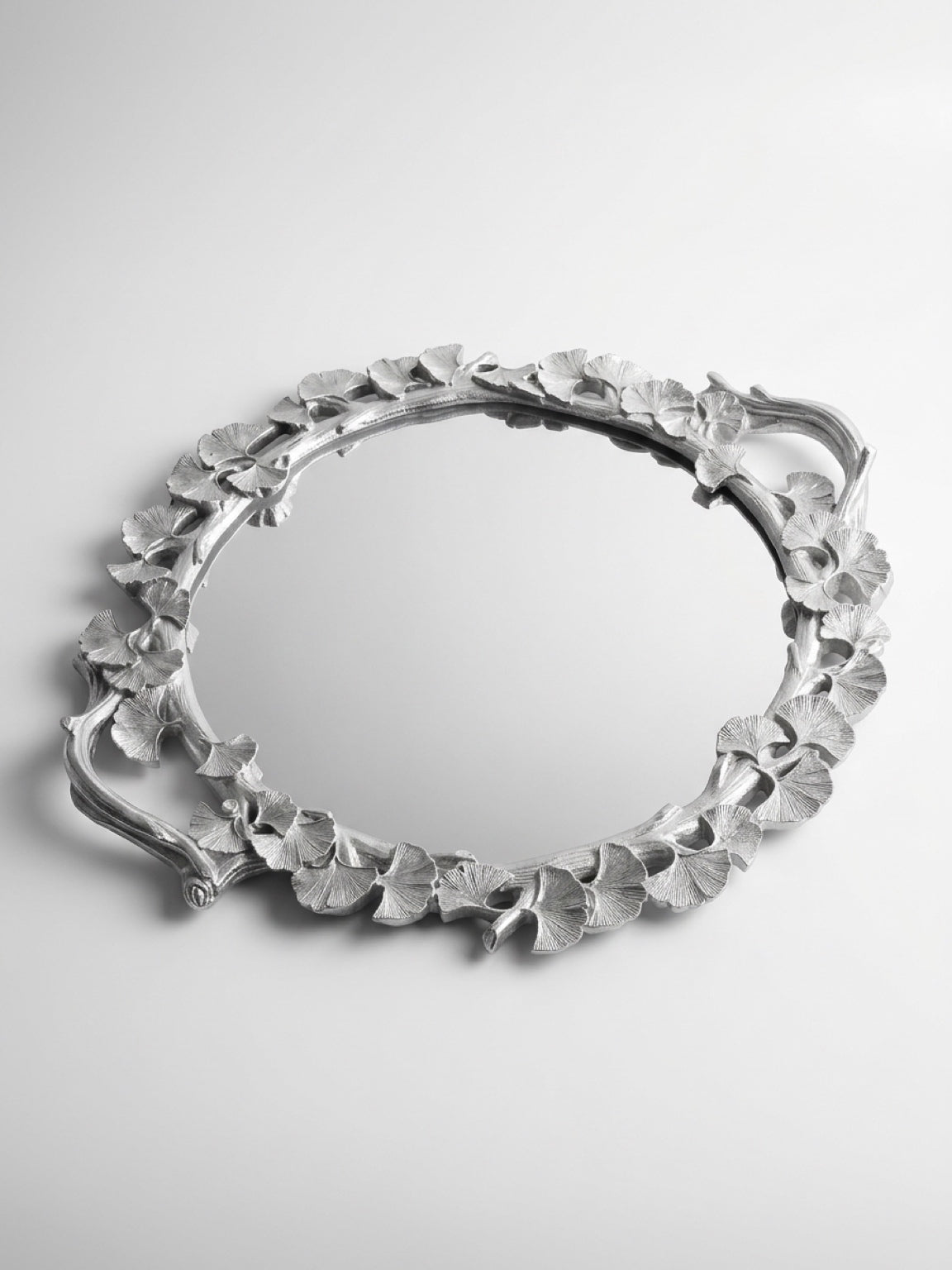 Silver Ginkgo Leaf Decorative Mirror Tray – Resin Serving Tray or Vanity Display –15''