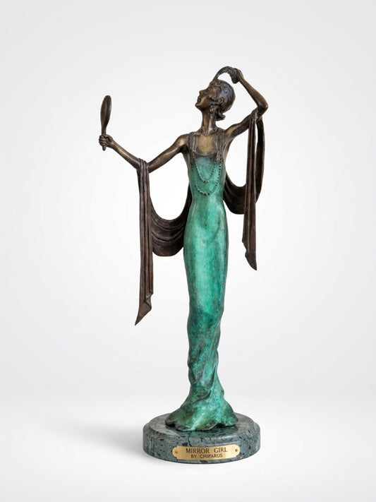 Vintage Mirror Girl Sculpture After Demétre Chiparus – 1925 Design