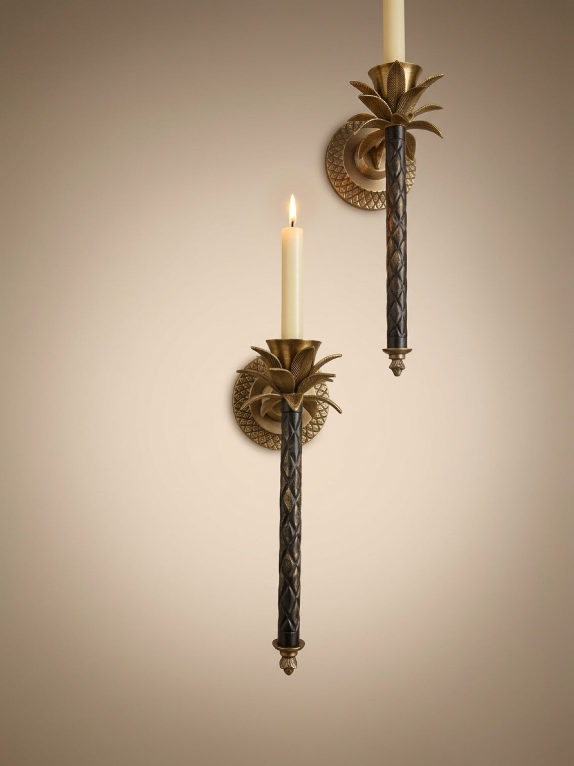 Set of 2 Vintage Hollywood Regency Palm Tree Wall Candle Sconces Tall 12"