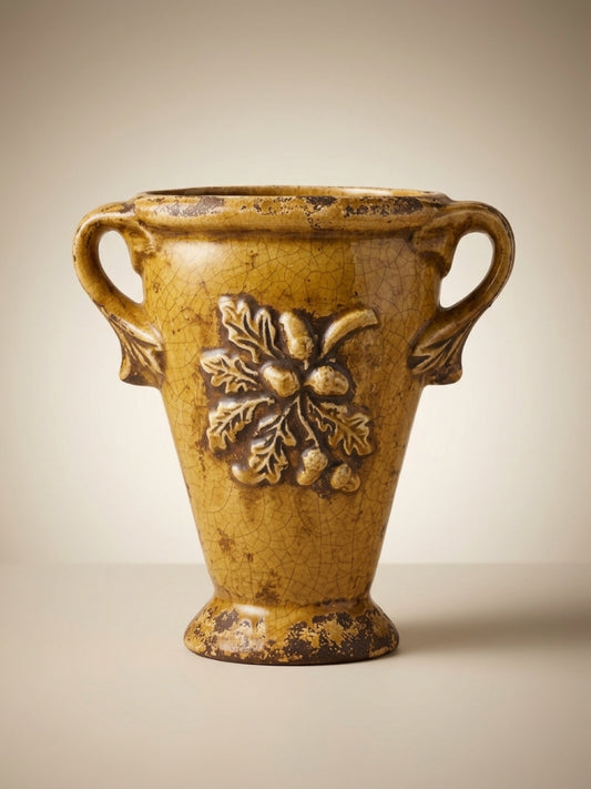 Vintage Ceramic Vase with Handles - Crackle Glaze, Oak Leaf & Acorn Relief,