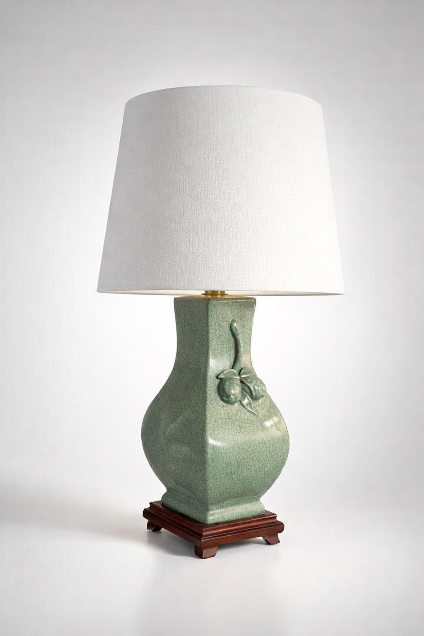Vintage celadon crackle glaze ceramic table lamp, early 2000s, solid wood base.”