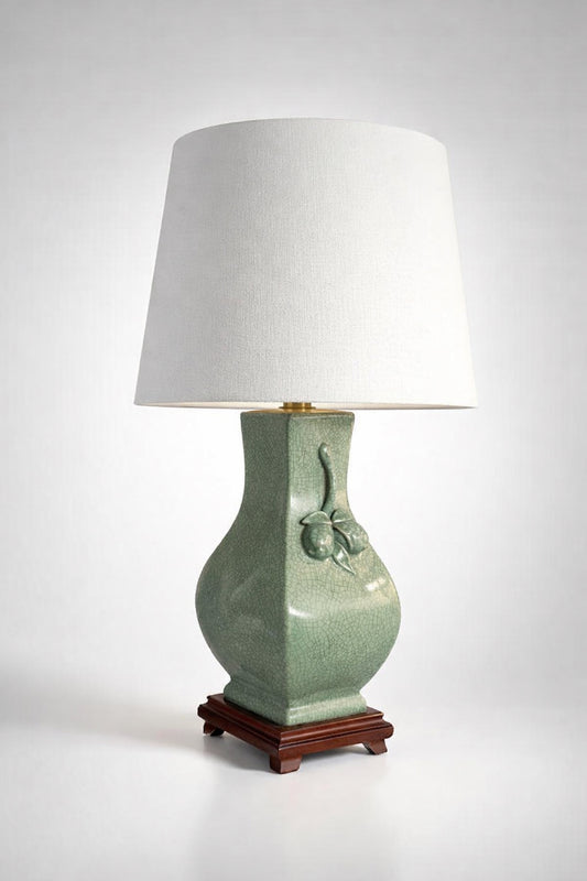 Vintage celadon crackle glaze ceramic table lamp, early 2000s, solid wood base.”