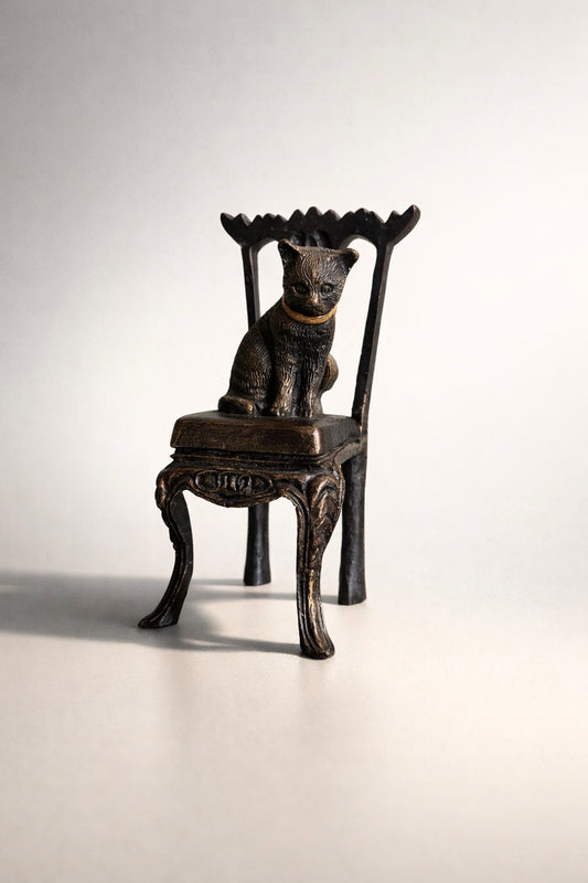 Vintage Style Cast Iron Cat Figurine on Ornate Mini Chair – Rustic Decorative Sculpture 8''