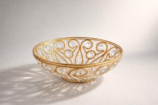 Vintage Gold Crystal Beaded Centerpiece Bowl – Hollywood Regency Style Decorative Basket 13x5
