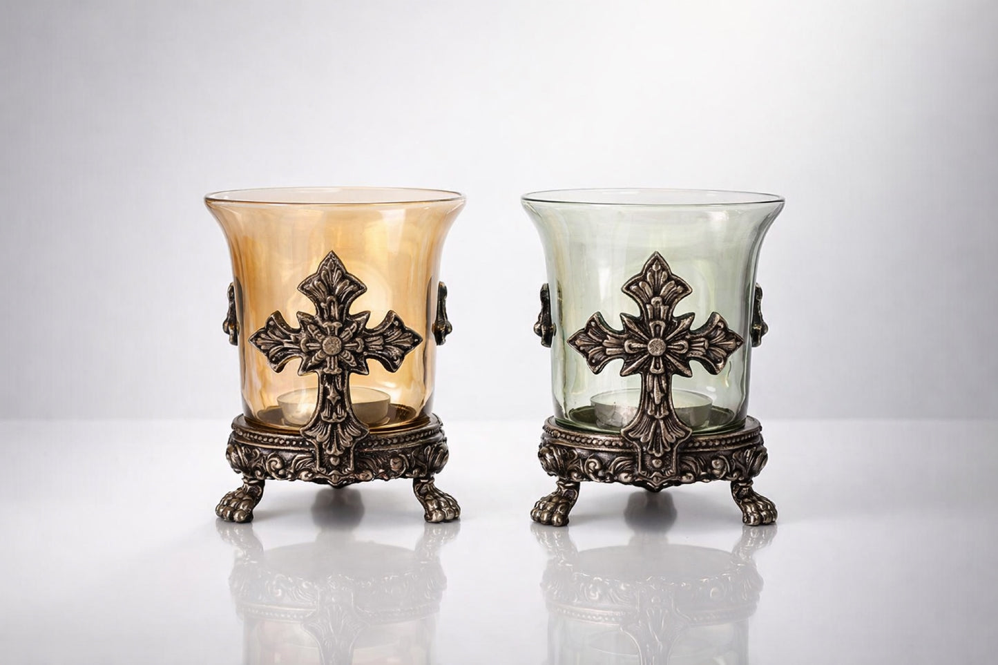 Pair Vintage Style Cross Motif Glass Votive Candle Holders Ornate Metal Base Amber & Smoke 6”