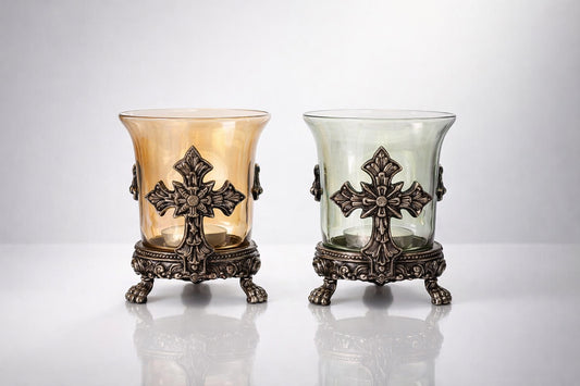 Pair Vintage Style Cross Motif Glass Votive Candle Holders Ornate Metal Base Amber & Smoke 6”