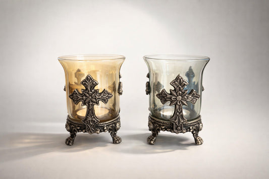 Pair Vintage Style Cross Motif Glass Votive Candle Holders Ornate Metal Base Amber & Smoke 6”