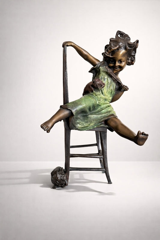 ''Juan Clara'' Girl on Chair with Mouse Sculpture Bronze Finish Whimsical Art Nouveau Style Figurine 11”