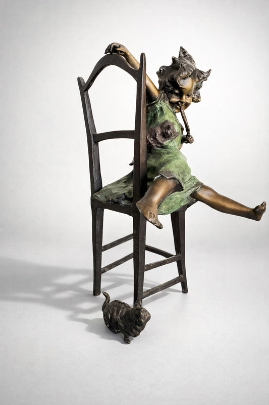 ''Juan Clara'' Girl on Chair with Mouse Sculpture Bronze Finish Whimsical Art Nouveau Style Figurine 11”