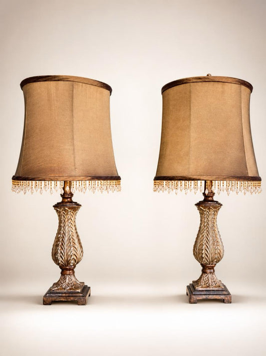 Pair of Decorative Table Lamps With Beaded Shades – Elegant Resin Base Lamps – 24” Tall