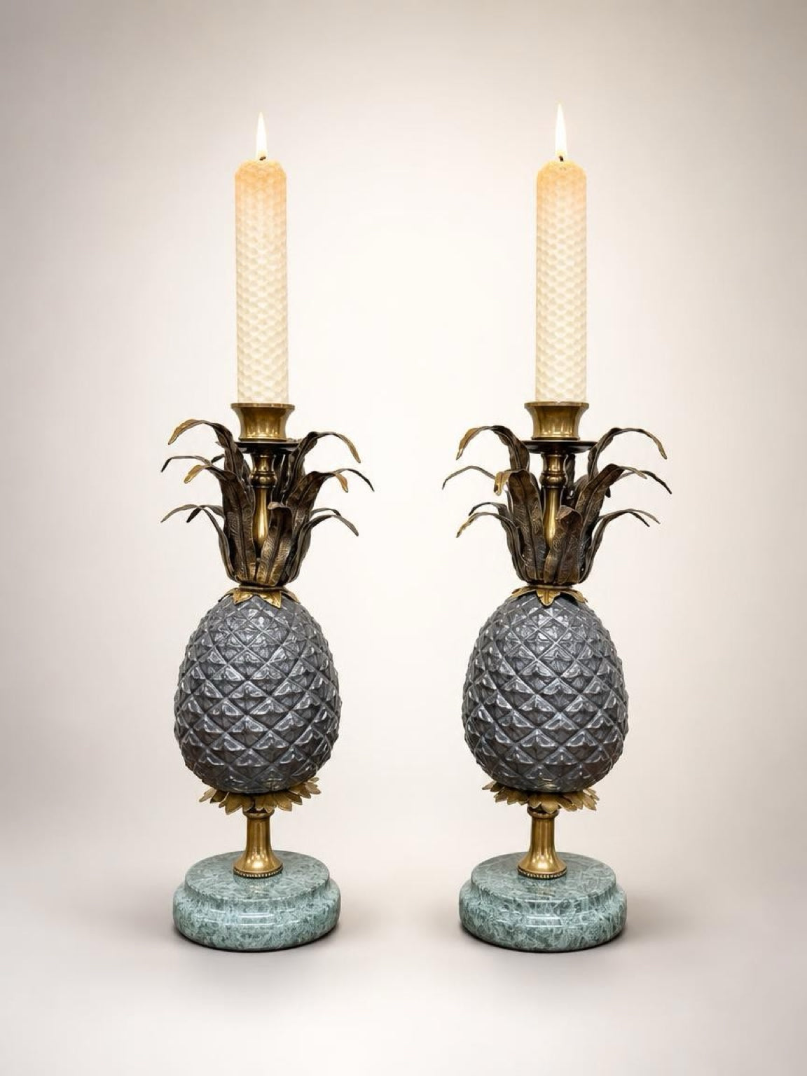 Vintage Brass Pineapple Candle Holders Set of 2 with Marble Bases 11”