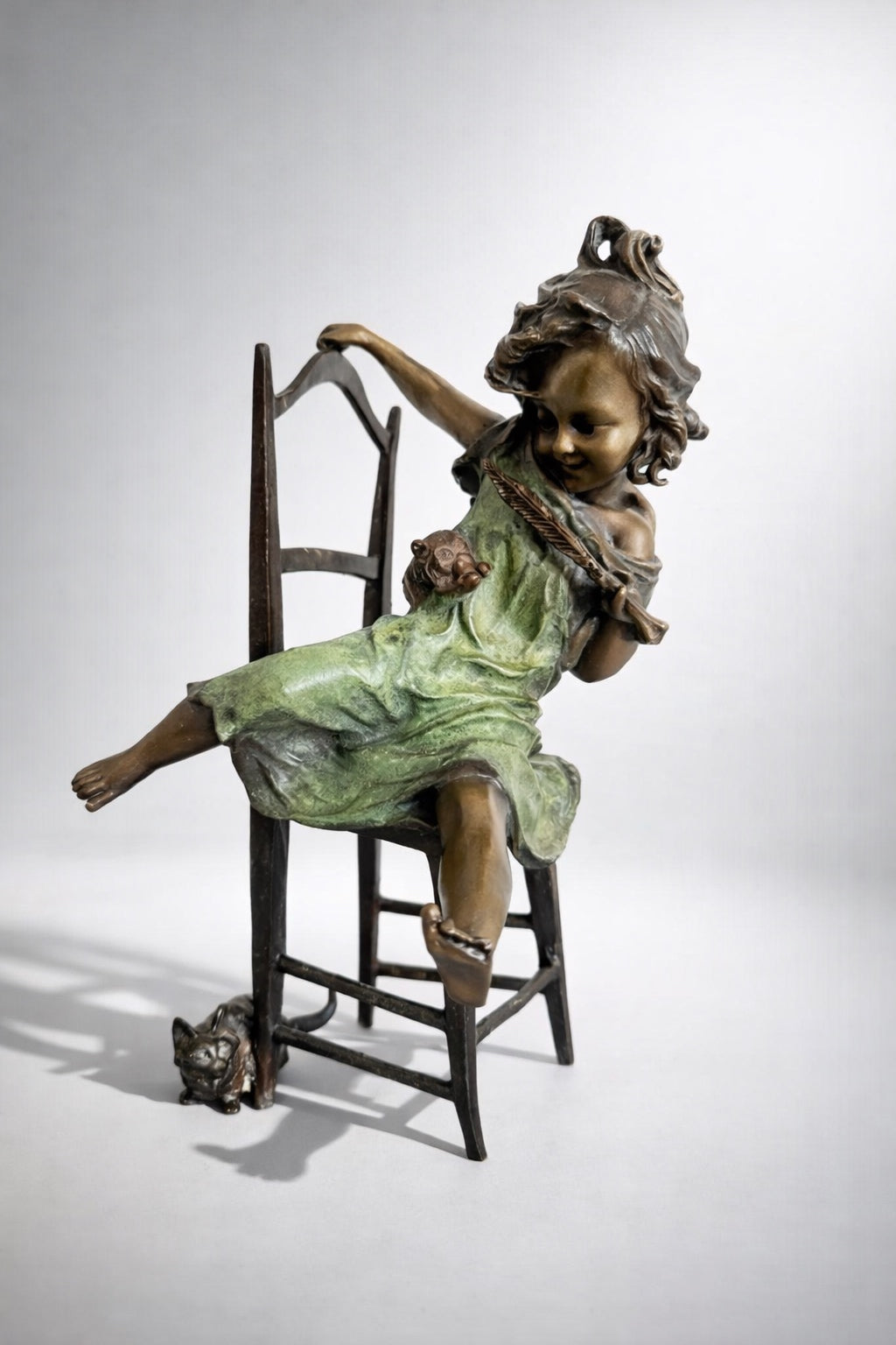 ''Juan Clara'' Girl on Chair with Mouse Sculpture Bronze Finish Whimsical Art Nouveau Style Figurine 11”