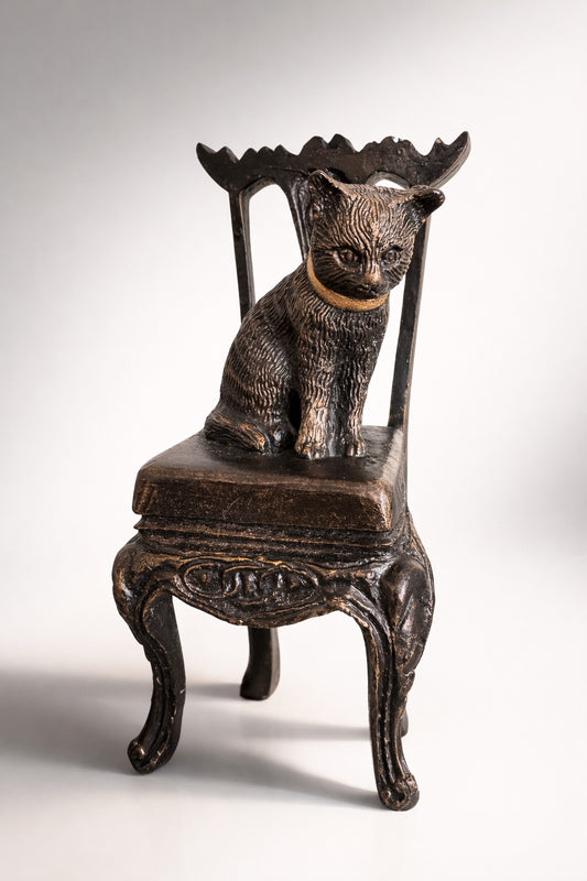 Vintage Style Cast Iron Cat Figurine on Ornate Mini Chair – Rustic Decorative Sculpture 8''