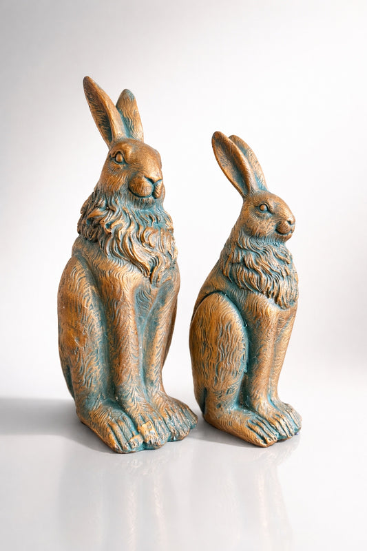 Set of 2 Resin Rabbit Figurines Bronze Finish Rustic Farmhouse Bunny Decor 9,8 ” Tall