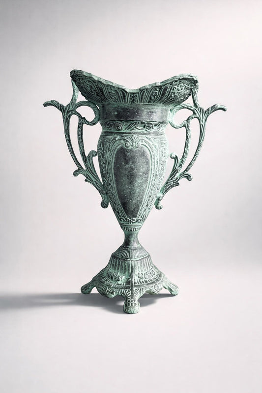 Metal Urn Vase Vintage Style Verdigris Patina Ornate Double Handle 14”