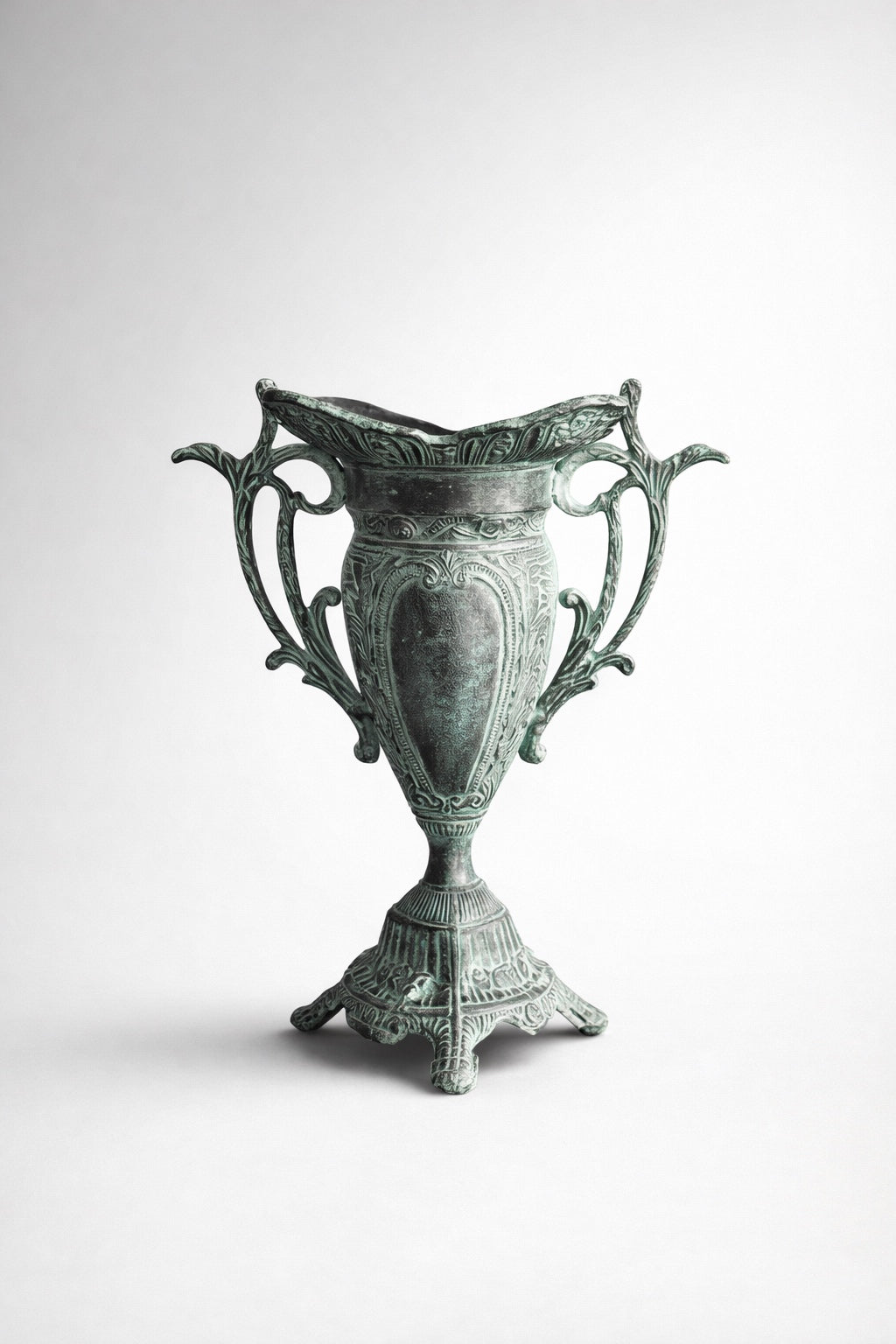Metal Urn Vase Vintage Style Verdigris Patina Ornate Double Handle 14”