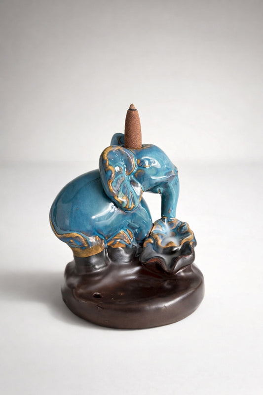 Ceramic Elephant Waterfall Incense Holder – Blue Glazed Decorative Elephant Figurine