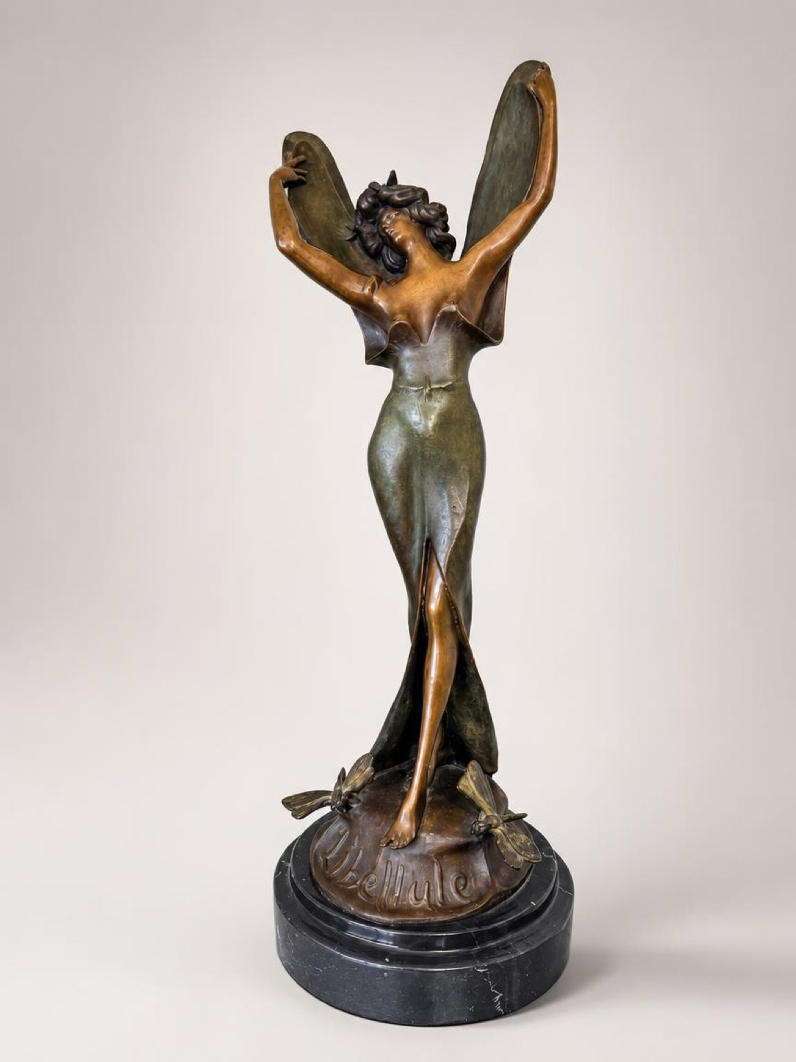 Antique French Art Nouveau Libellule Fairy Spelter Sculpture Marble Base 18”