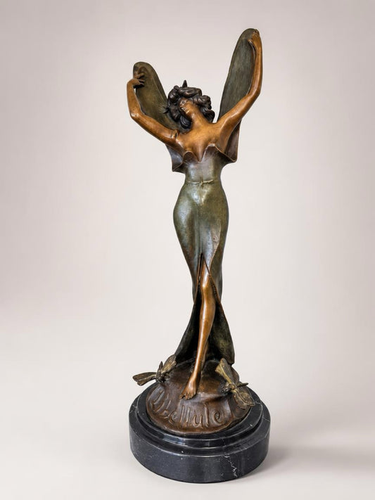 Antique French Art Nouveau Libellule Fairy Spelter Sculpture Marble Base 18”