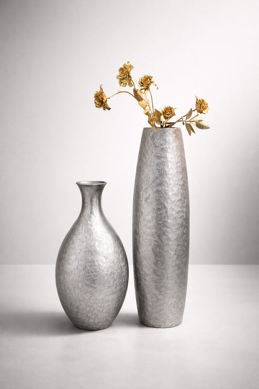 Set of 2 Large Silver Textured Floor Vases Modern Hammered Metal Look Decor Tall 24”, 19”